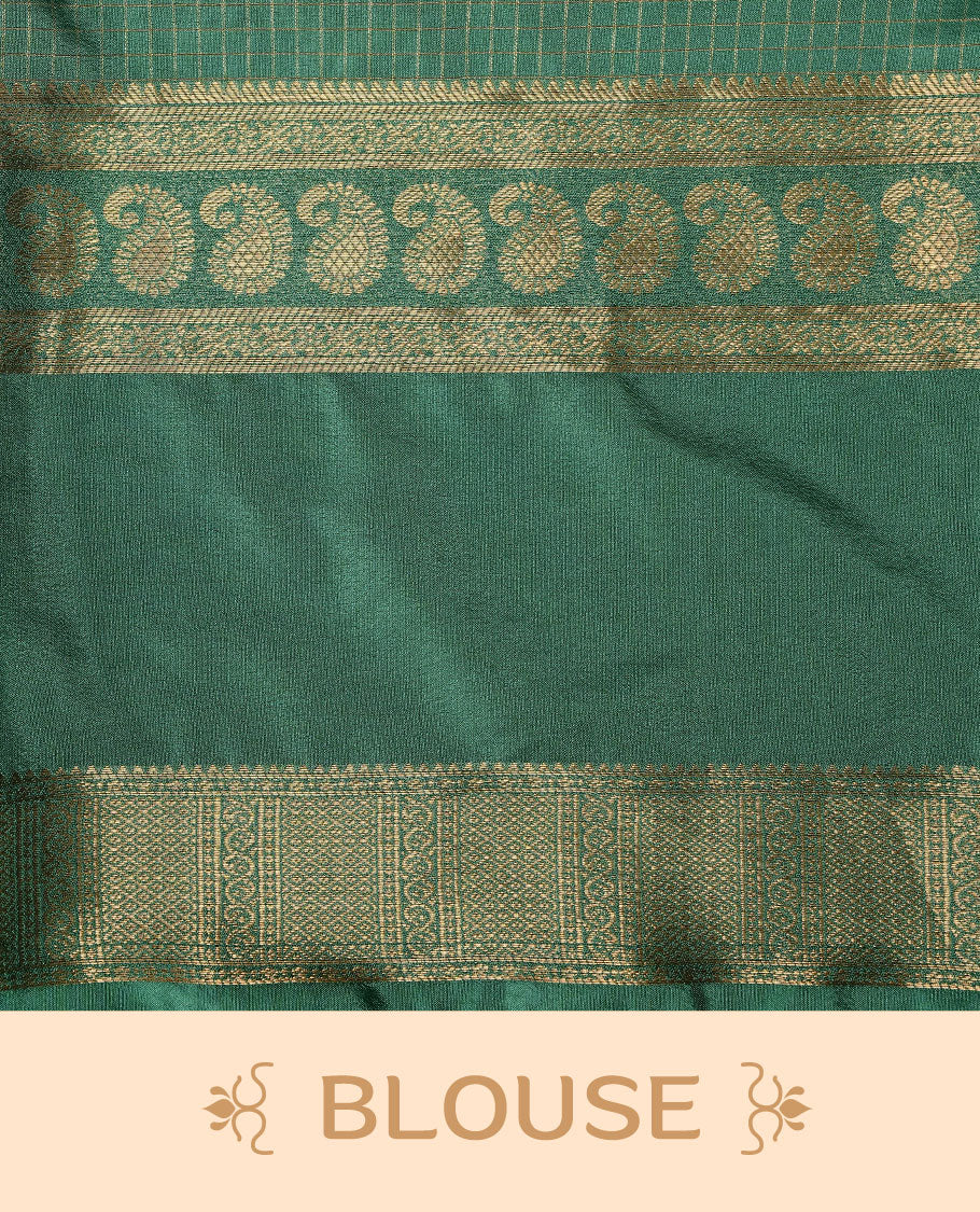 Mustard colour semi georgette saree featuring gold zari check pattern on body, complemented by contrast green colour with zari border, paired with matching blouse piece.
