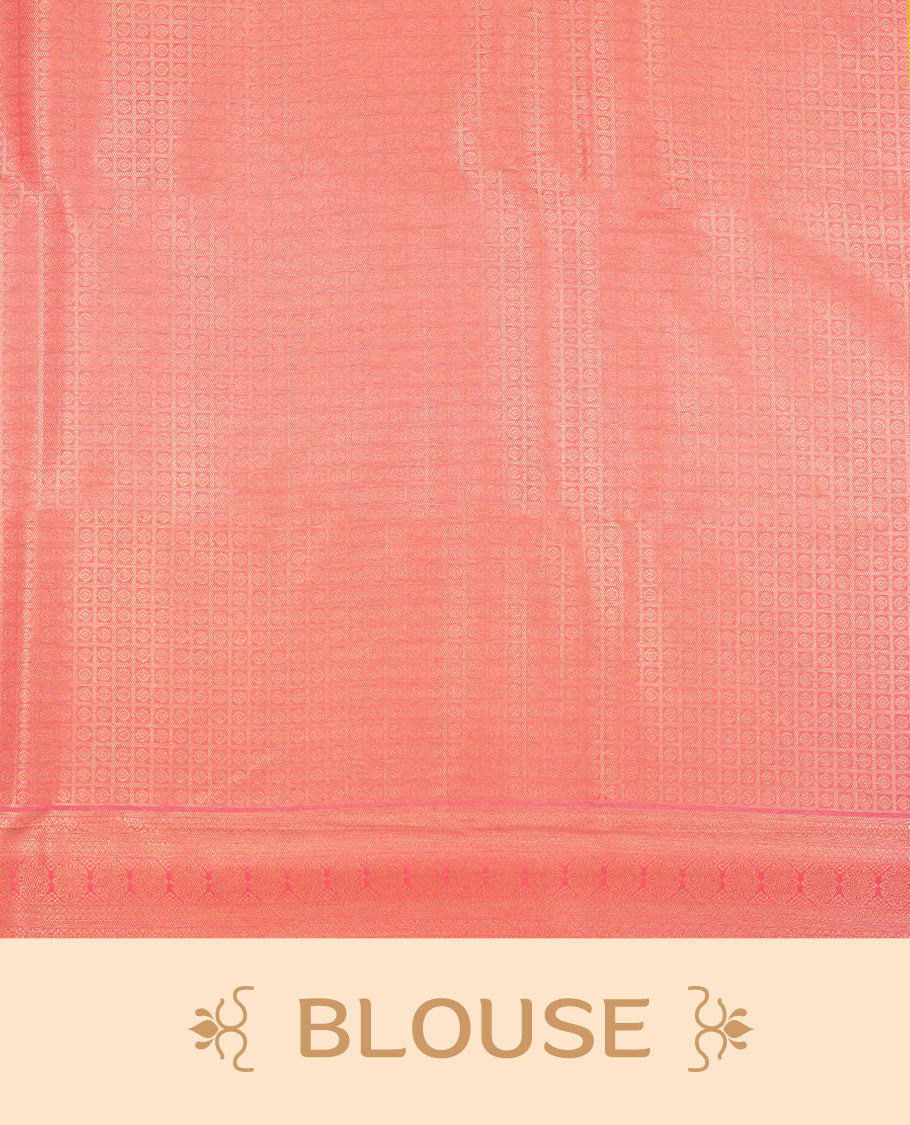 Pink colour semi silk brocade saree featuring intricate Gold patterns across the body, complemented by a Self colour woven border and pallu, paired with a matching blouse.