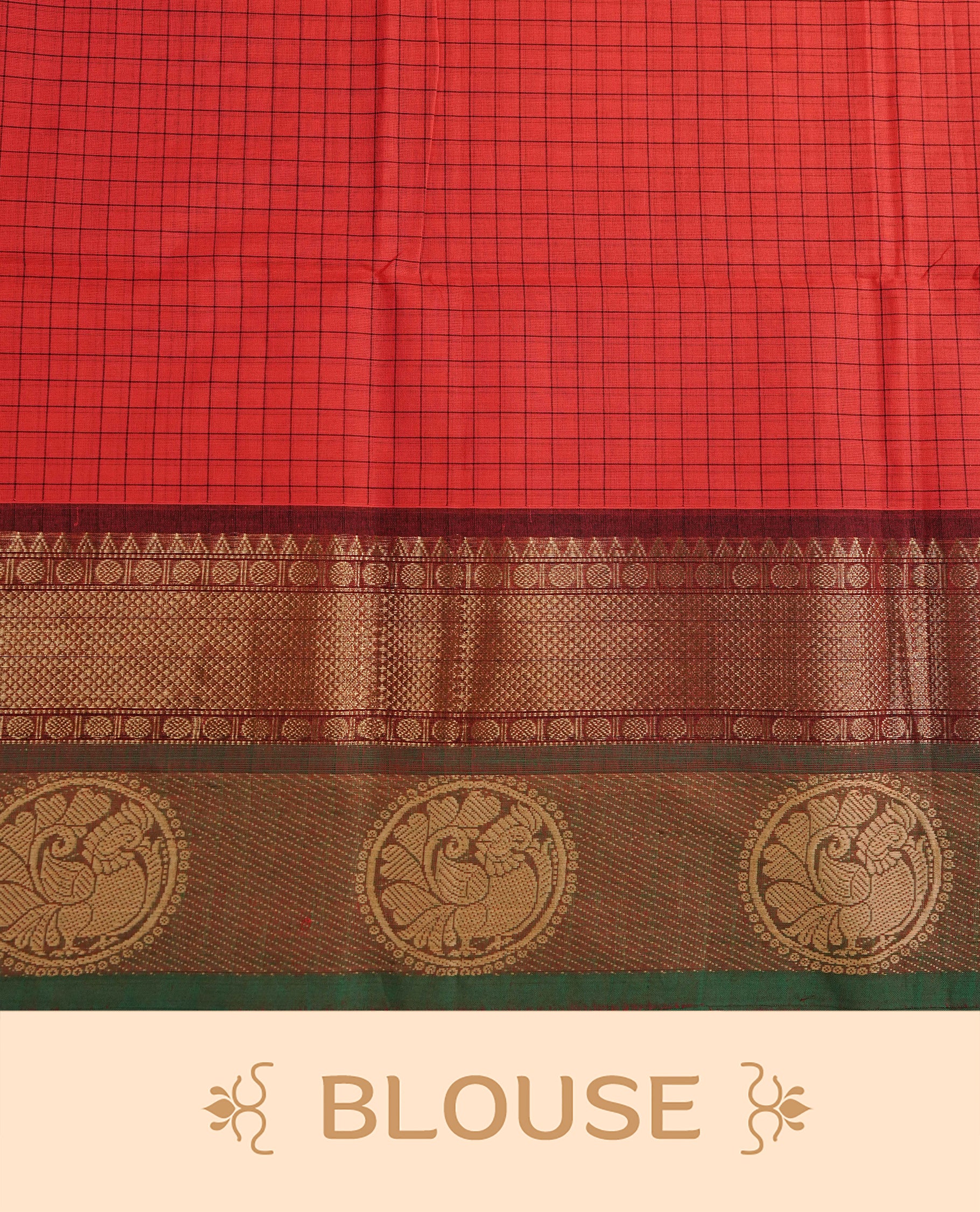 Red colour chettinad cotton saree featuring Check pattern on body, complemented by Contrast Maroon & Green Colour with gold zari border, comes with matching blouse piece.