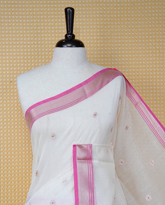 Cream Colour  Silk Cotton Kerala Saree Featuring Delicate Butta Motifs Across The Body, Enhanced With A Pink And Rose Gold Zari Border, Traditional Gold Zari Pallu, And A Matching Blouse Piece.