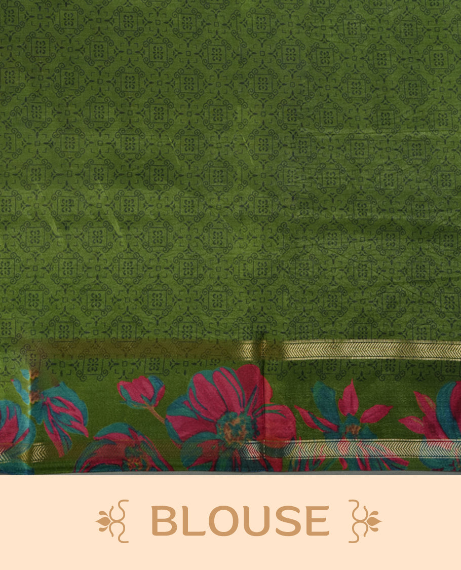 Green colour saree enhanced with a vibrant golden border and floral print pallu, adorned with intricate teal and pink floral prints on the body & comes with a matching blouse.