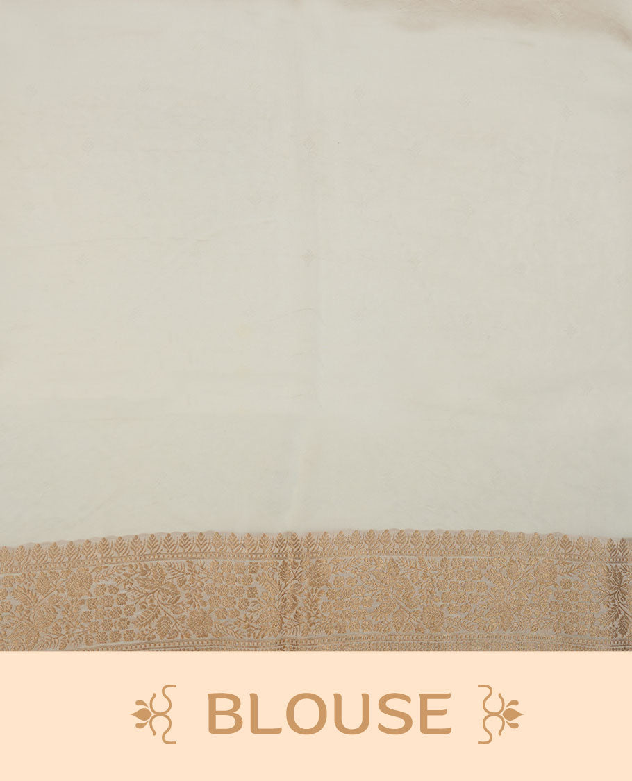 Orange colour banaras satin crepe saree featuring gold zari motifs on body, with contrast cream colour border with gold zari pattern and paired with matching blouse.