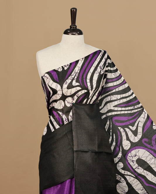 Purple With Black Colour Khadi silk saree Featuring Abstract Print Patterned & Curved Wave Like Line Detailed Body, Paired with matching blouse piece.