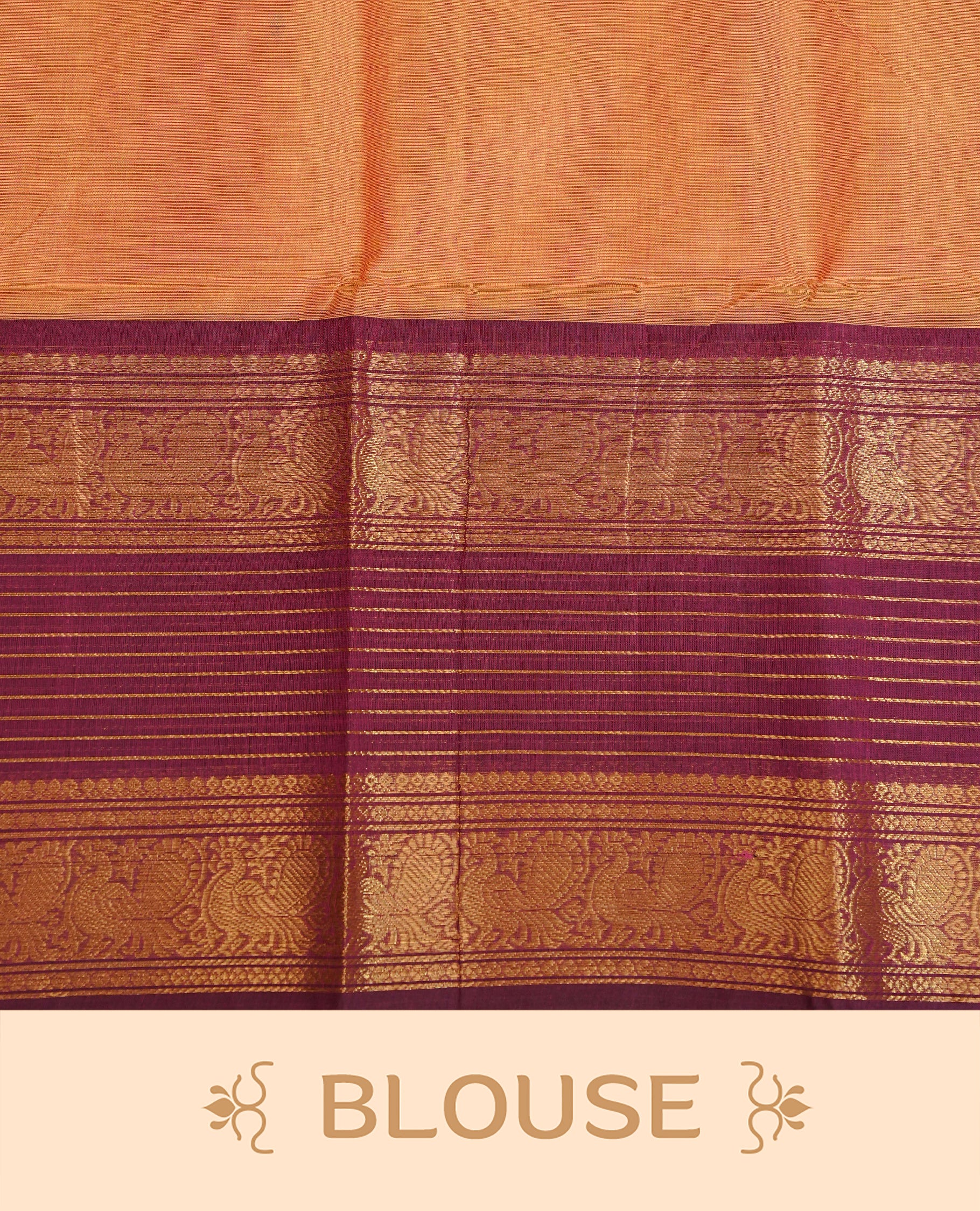 Mustard Colour Chettinad Cotton Saree Featuring Elegant plain Body, Complemented by a Maroon Border with gold zari strips & Peacock pattern, Paired with a Matching Blouse Piece.