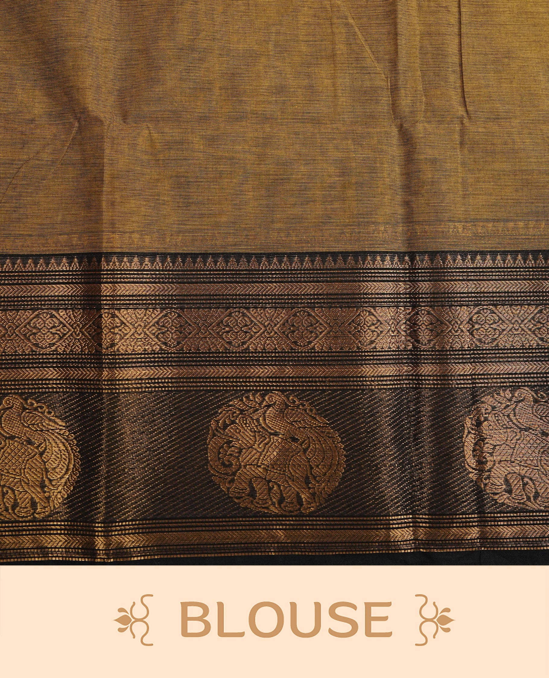 Olive colour chettinad cotton saree featuring Elegant plain body, Contrast black colour with gold zari border, comes with matching blouse piece.