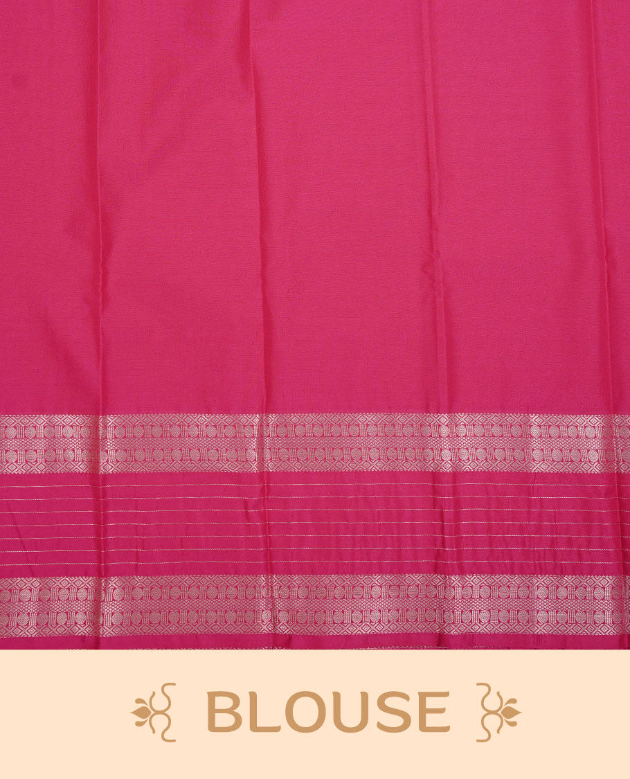 Orange colour soft silk saree featuring Gold zari check & motifs on body, complemented by contrast magenta colour with traditional border, paired with matching blouse piece.