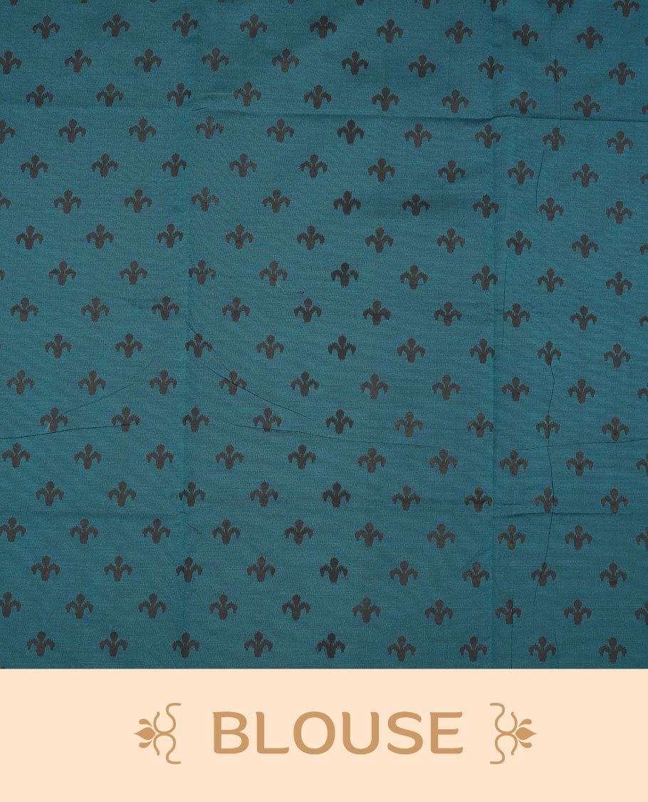 Teal Green colour poly cotton saree with black vertical dotted line pattern on the body, paired with a matching pallu featuring black zigzag geometric border, and a coordinated all‑over black stylised fleur‑de‑lis printed blouse piece.