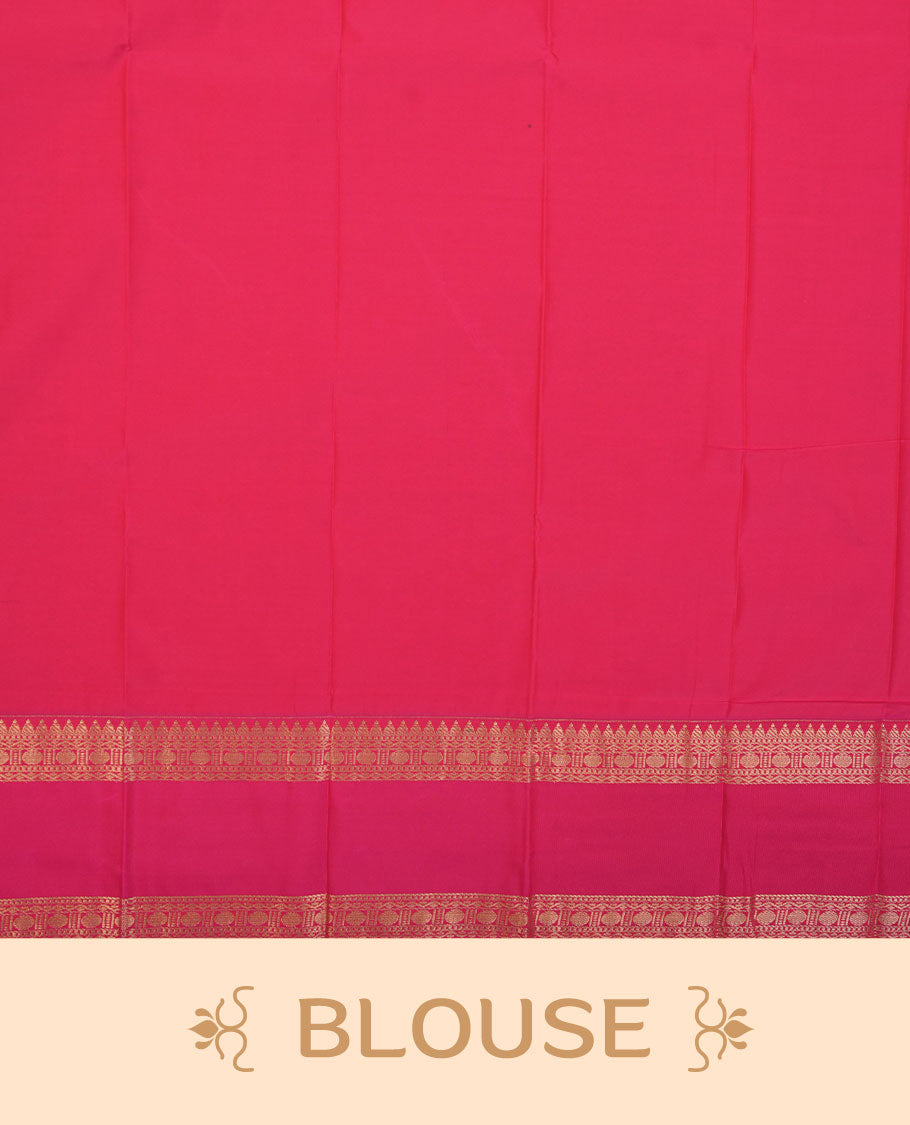 Blue colour semi silk saree highlighting gold zari check pattern  and motifs across body, featuring contrast pink colour border with gold zari pattern, comes with matching blouse .
