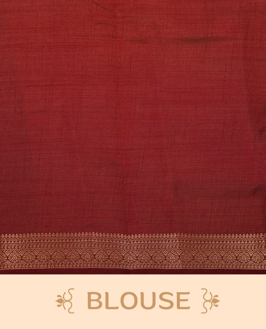 Gold colour semi tussar saree featuring elegant plain body, contrast maroon colour gold zari border and comes with matching blouse piece.