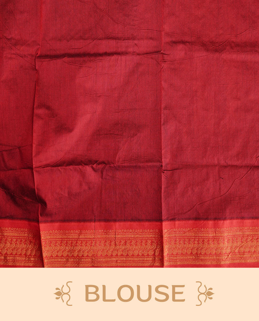 Black colour kalyani cotton saree featuring antique zari motifs on body, complemented by red colour with Antique zari border, paired with matching blouse piece.