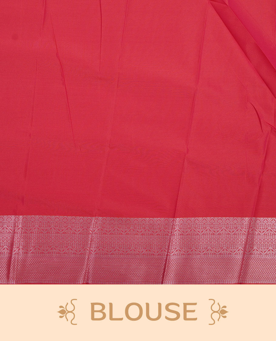 Red colour soft silk saree featuring rose Gold zari motifs on body, complemented by self colour with traditional border, paired with matching blouse piece.