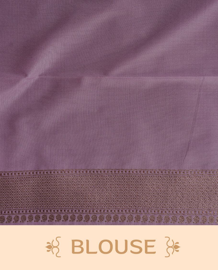 Lavender colour Semi Banaras Katan saree featuring Antique zari Floral pattern on body, complemented by self colour zari border, paired with matching blouse piece.