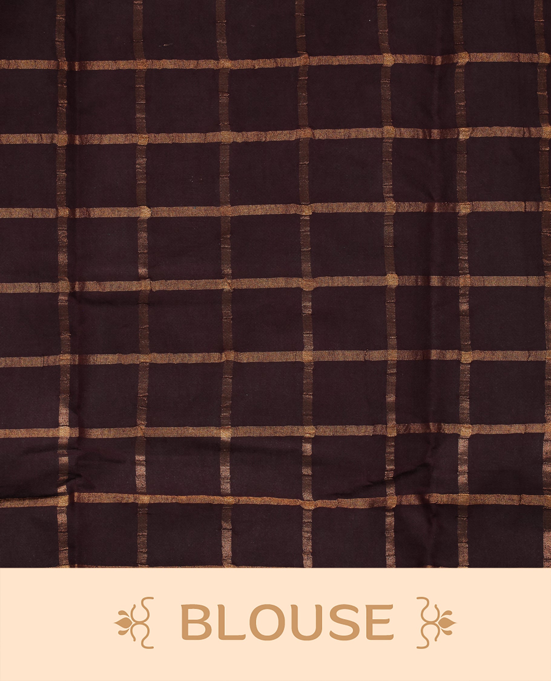 Dark chocolate colour Sungudi cotton saree featuring Gold zari Check pattern on body, Gold zari Peacock design on Self colour border, paired with matching blouse piece.