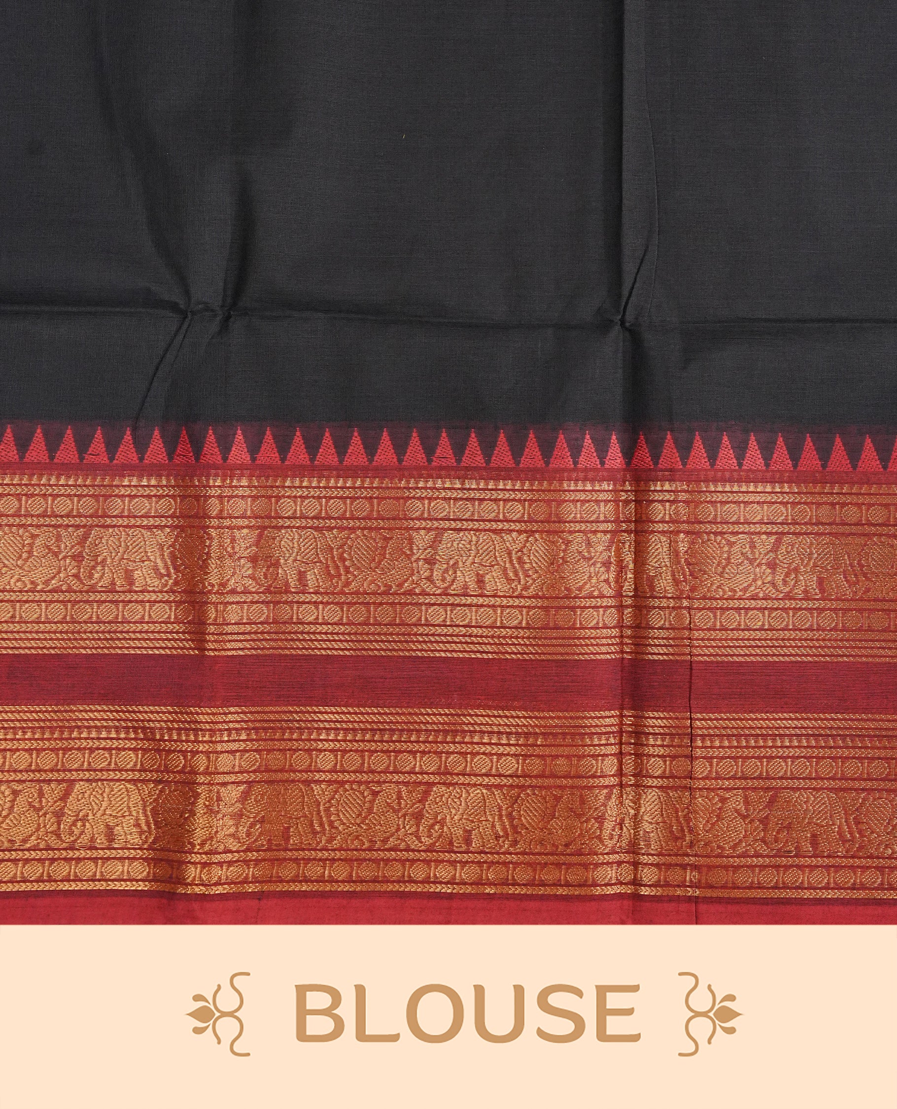 Black colour chettinad cotton saree Featuring Elegant plain body, complemented by contrast Maroon colour with zari border, comes with matching blouse piece.