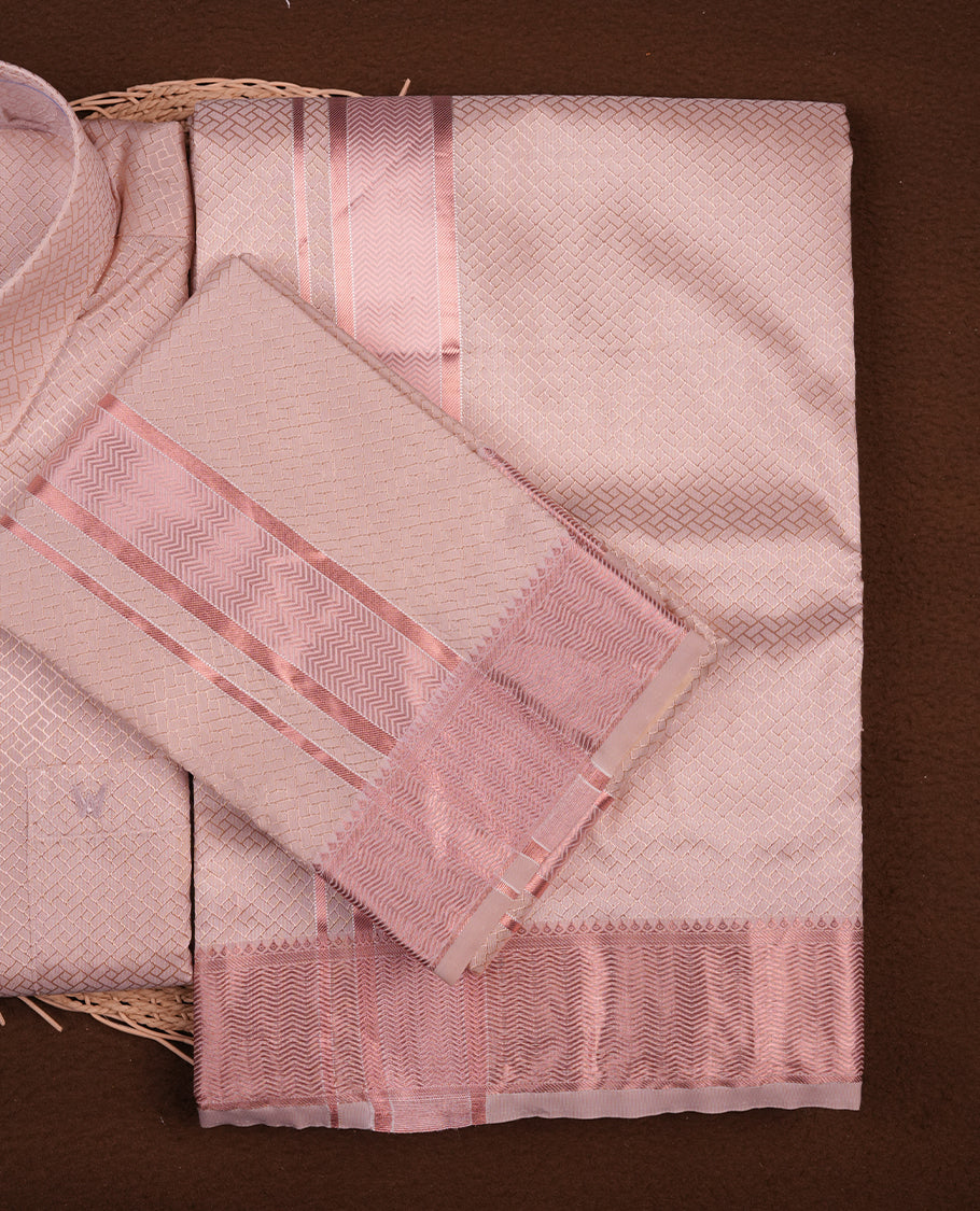 Light copper colour MINISTER WHITE shirt paired with a matching dhoti, finishing with a copper border