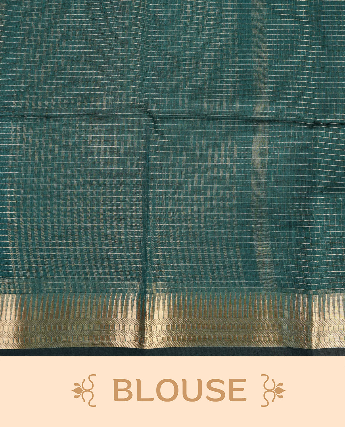 Green colour Maheshwari cotton saree, gold zari small checks on body, complement self colour gold zari temple design border comes with matching blouse.