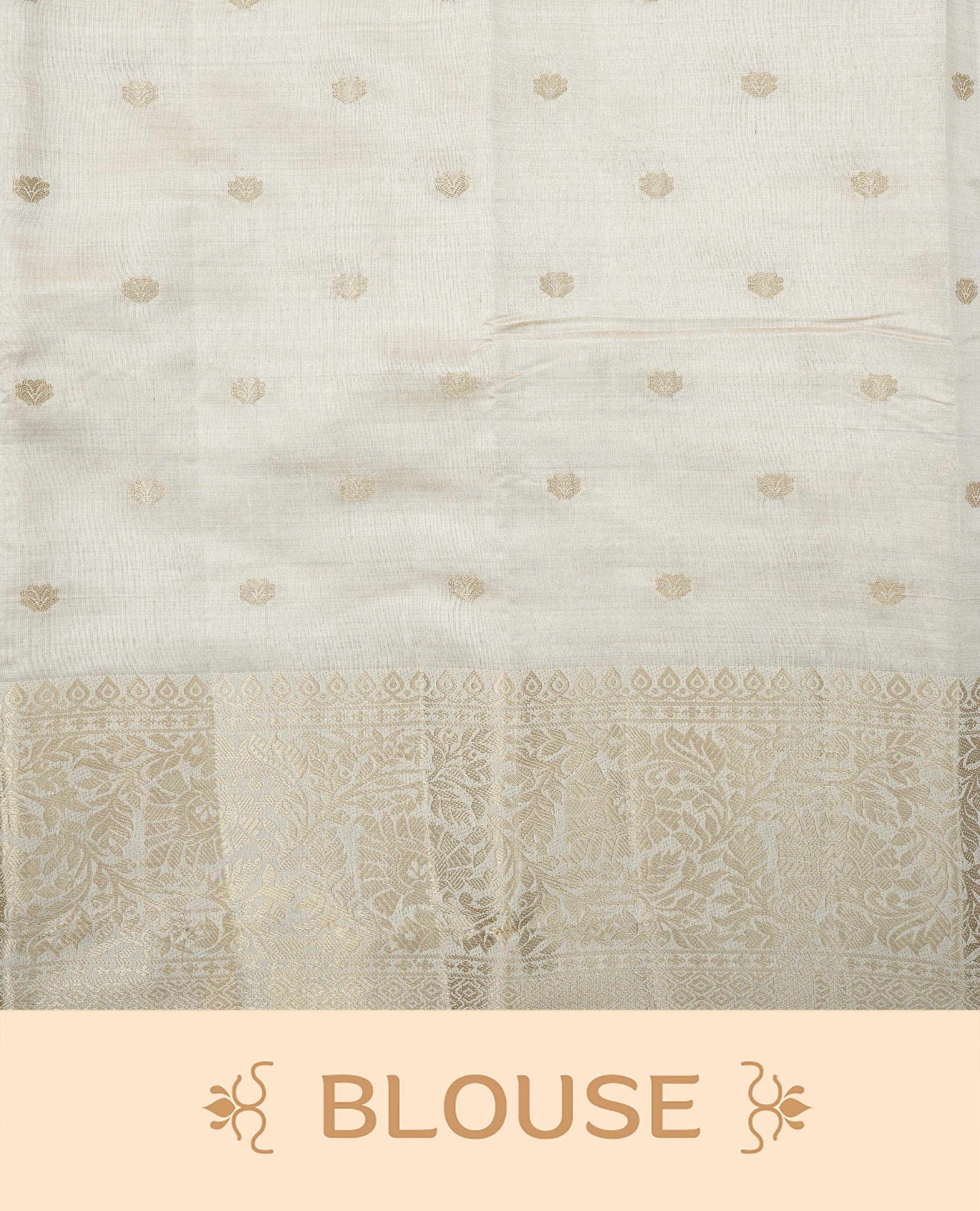 Off white gold Tussar saree featuring Gold zari buttas on body, complemented by self colour with traditional border, comes with matching blouse piece.