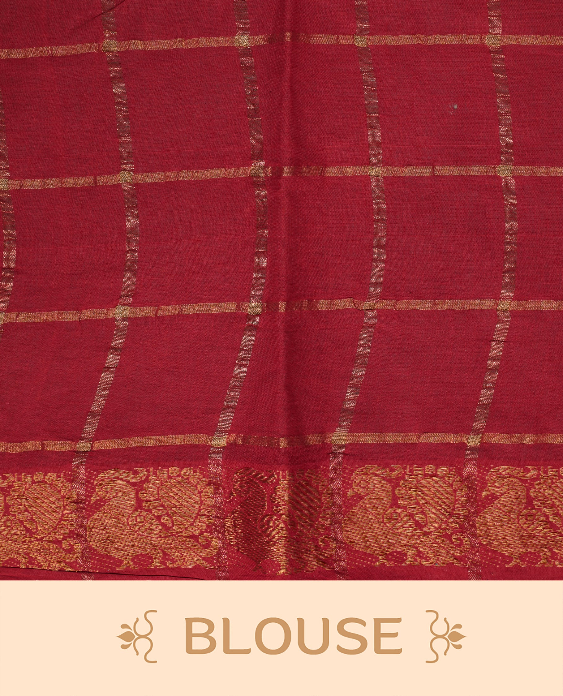Black colour Sungudi cotton saree featuring Gold zari Check pattern on body, Gold zari Peacock design on Dyed Red colour design border, paired with matching blouse piece.