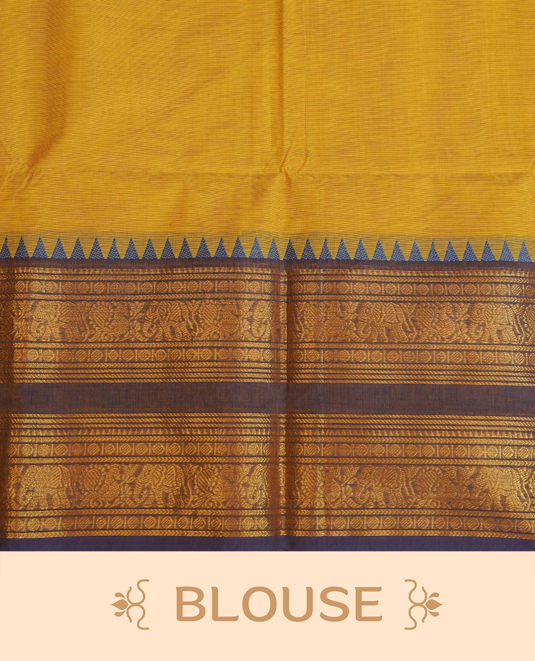 Lemon colour chettinad cotton saree featuring Elegant plain body, Contrast Blue colour with Gold zari border, comes with matching blouse piece.