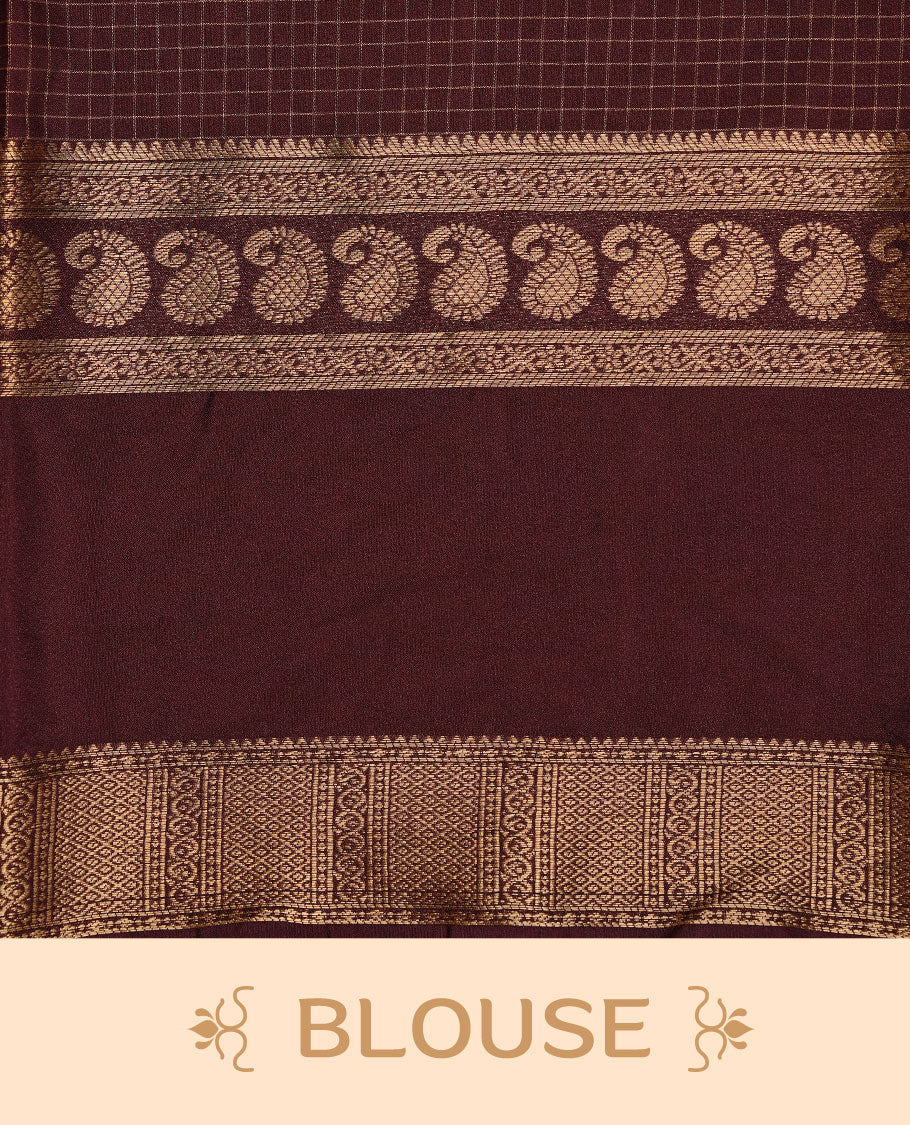 Coffee colour semi georgette saree featuring gold zari check pattern on body, complemented by contrast chocolate colour with zari border, paired with matching blouse piece.