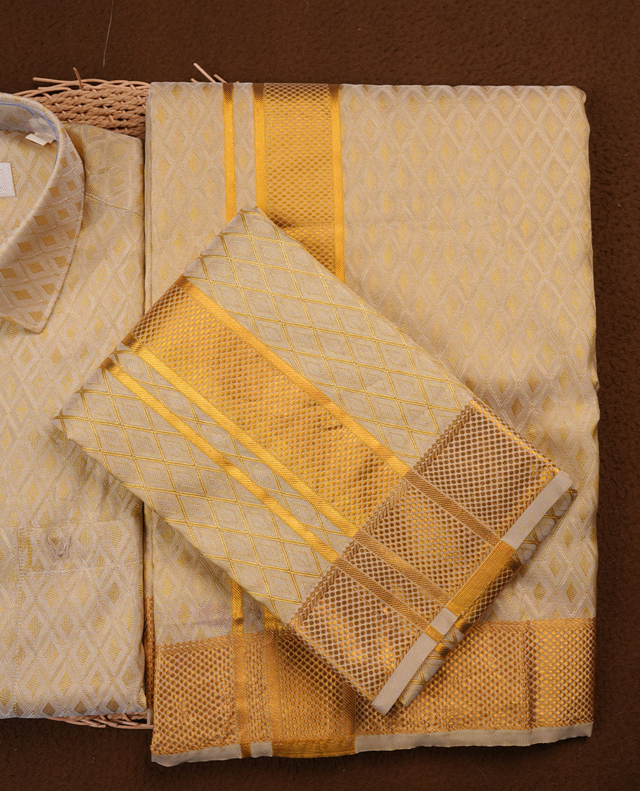 Fawn Gold colour MINISTER WHITE shirt paired with a matching dhoti, finishing with a Gold border