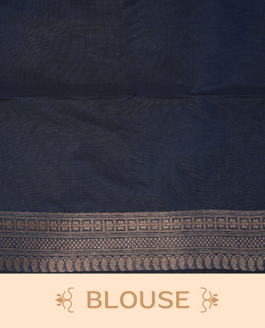 Teal colour semi banaras katan saree featuring Gold zari Pattern across body, complemented by self colour with zari border, paired with matching blouse piece.