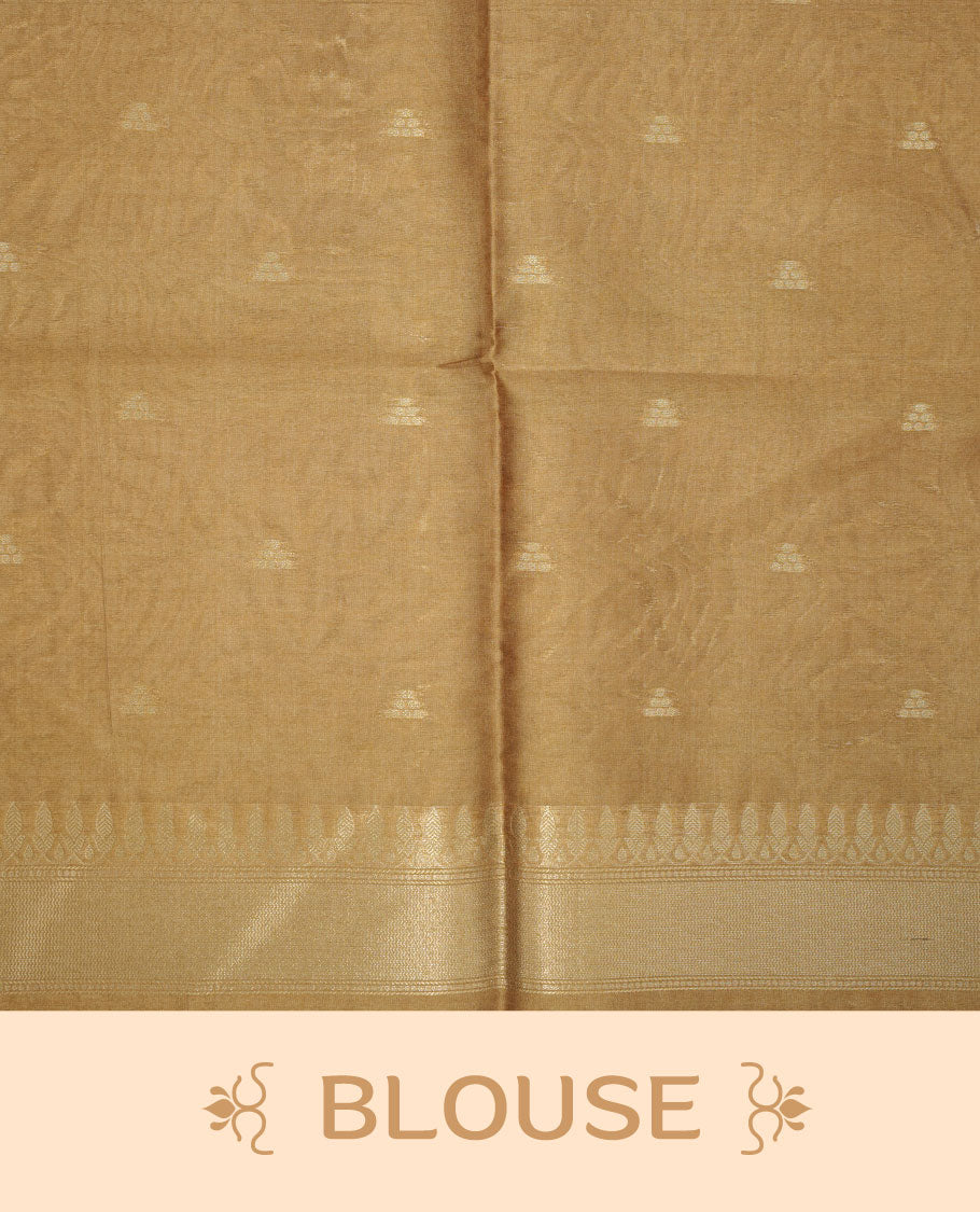 Gold colour semi tussar silk saree, featuring an intricate gold zari floral kodi pattern on the body and pallu, comes with matching blouse.