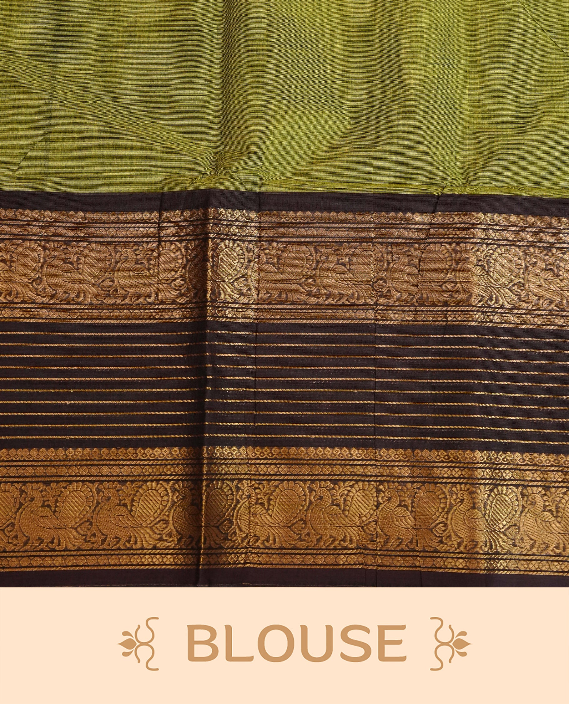 Lemon green Colour Chettinad Cotton Saree Featuring Elegant plain Body, Complemented by a Chocolate Border with gold zari strips & Peacock pattern, Paired with a Matching Blouse Piece.