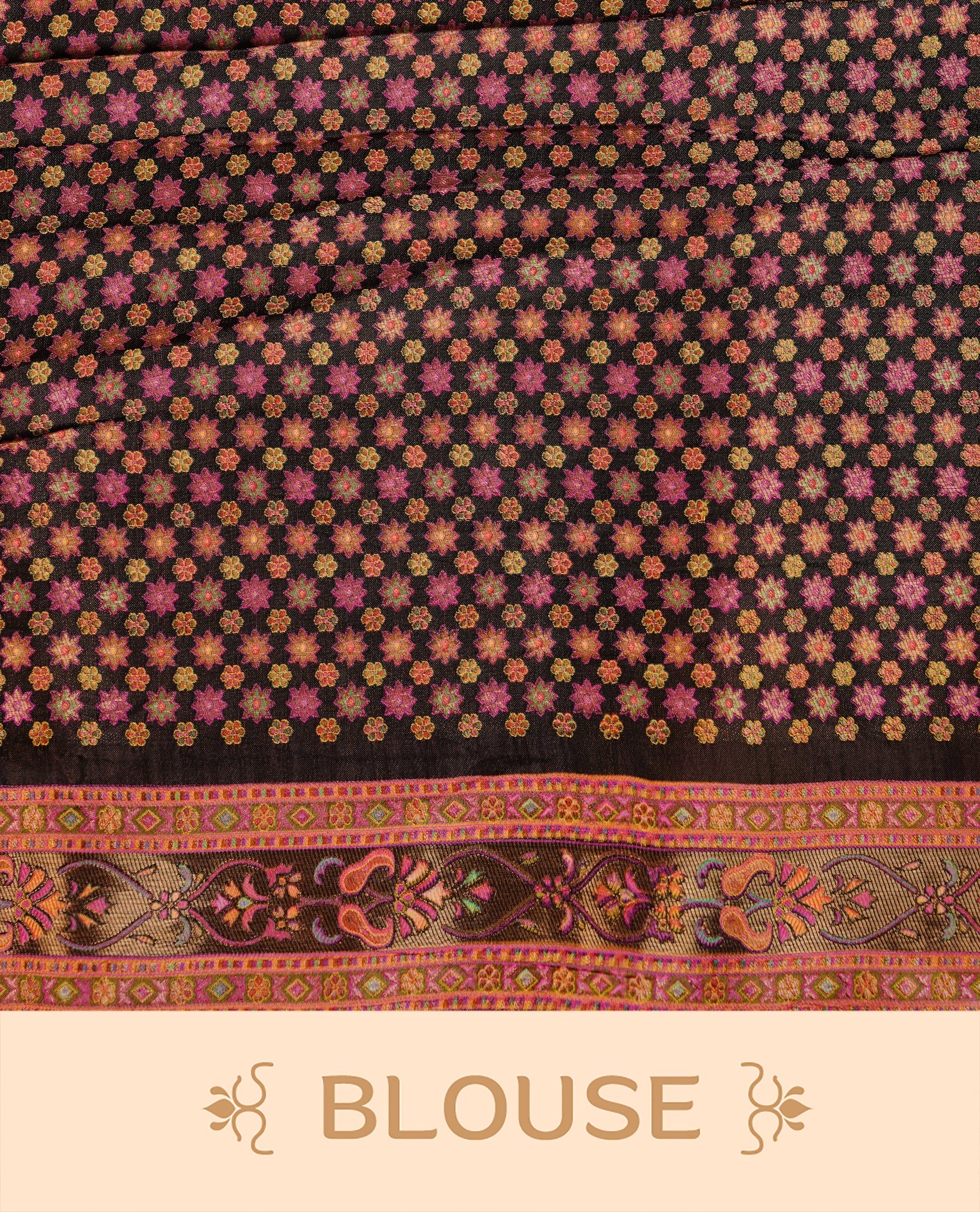 Black Pashmina Saree featuring multicolour geometric patchwork inspired woven design, enhanced with an intricate paisley woven border and richly detailed pallu, paired with a matching blouse piece.