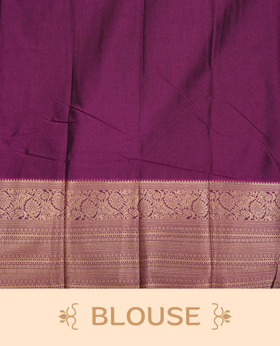 Olive colour soft silk saree featuring Gold zari motifs on body, complemented by contrast purple colour with traditional border, paired with matching blouse piece.