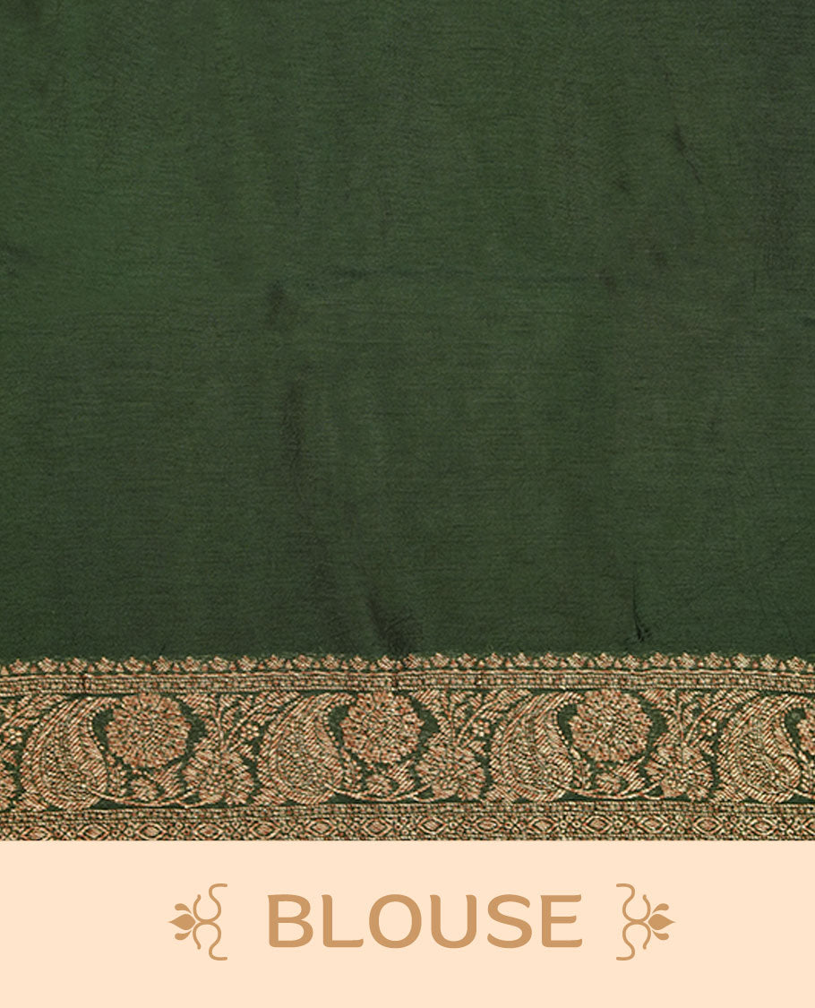 Deep forest green semi Banaras saree with gold zari buta motifs, finished with a traditional gold zari border and pallu, paired with a matching blouse.