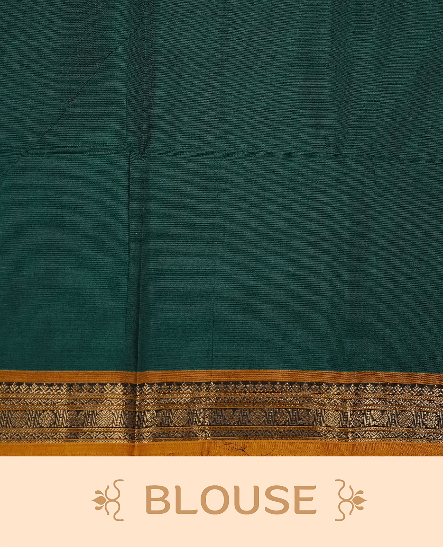 Green colour chettinad cotton saree featuring Gold zari motifs on body, complemented by contrast mustard yellow colour with Gold zari border, comes with matching blouse piece.
