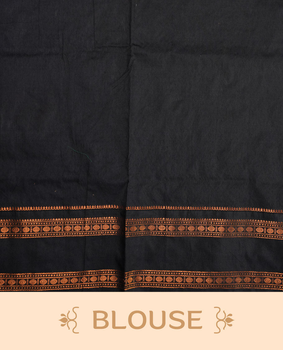 Grey colour kalyani cotton saree featuring gold zari motifs on body, complemented by contrast Black color with copper zari pattern border , paired with matching blouse piece.