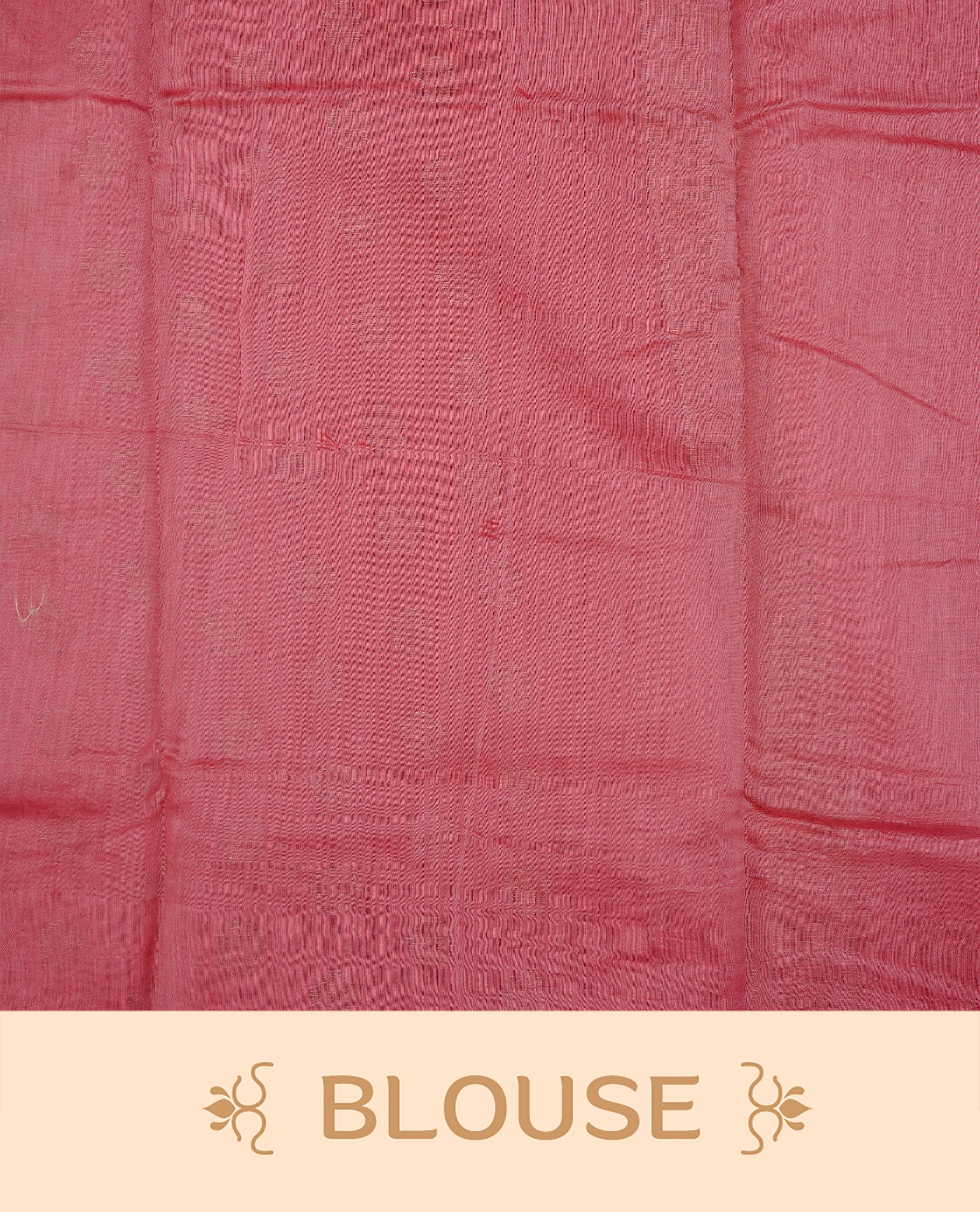 Candy pink colour semi tussar silk saree featuring elegant gold zari motifs across the body, designed with a subtle borderless zari finish for a sophisticated traditional look. Paired with a matching blouse piece.