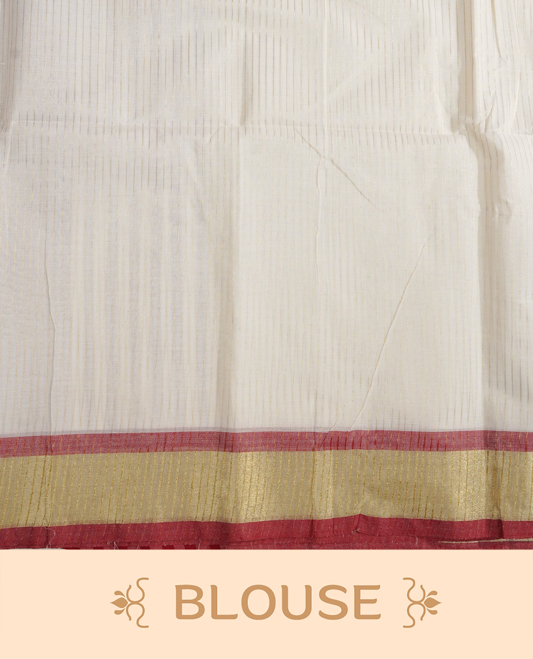White colour chettinad cotton saree Featuring Gold zari Strips on body, complemented by contrast Maroon colour with zari border, comes with matching blouse piece.