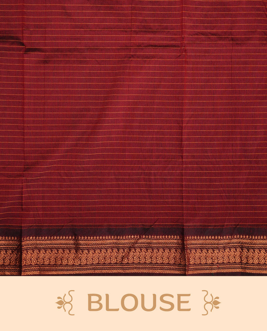 Mustard colour kalyani cotton saree featuring gold zari check pattern on body, complemented by Maroon colour with Antique zari border, paired with matching blouse piece.