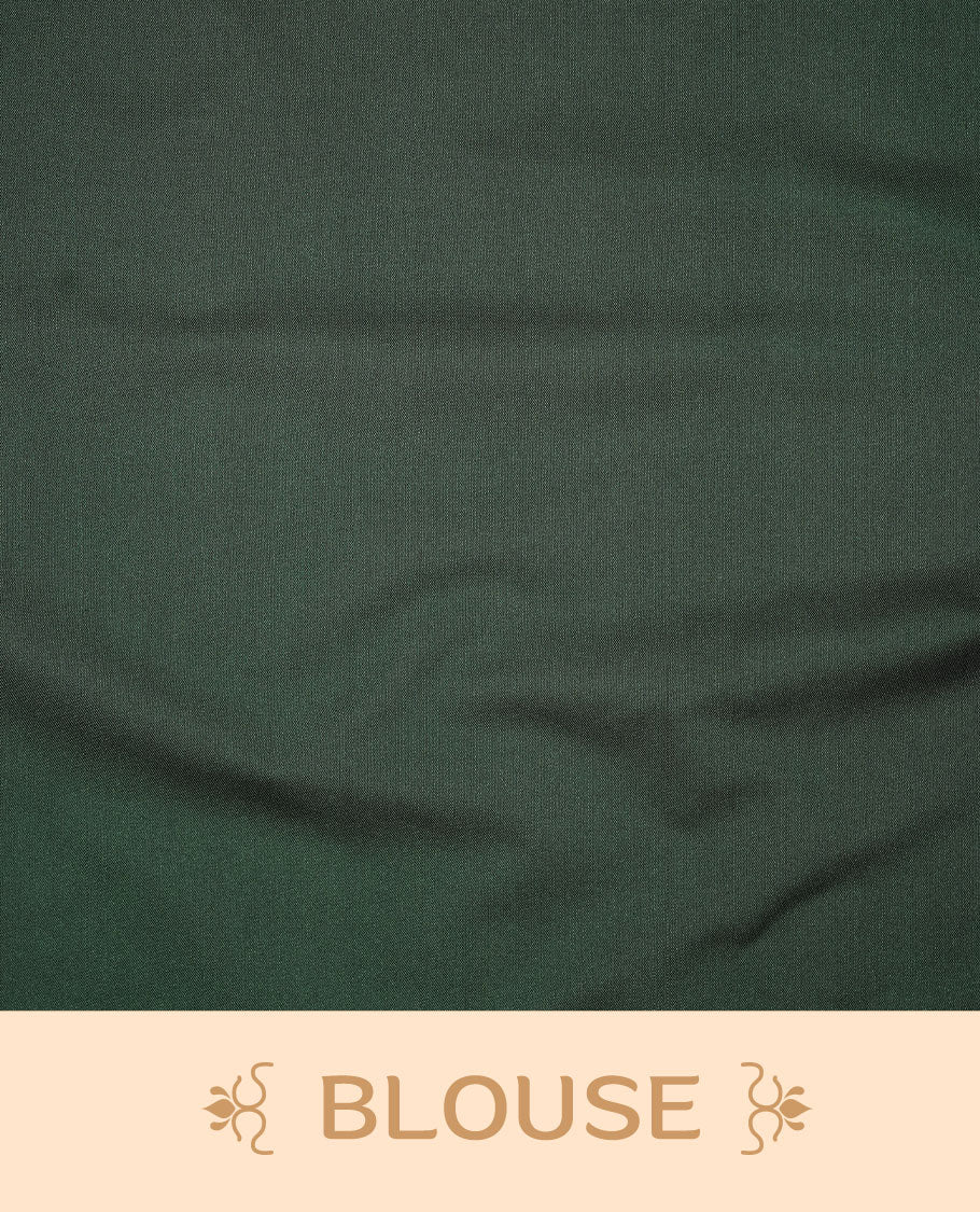 Green soft silk saree features a sleek borderless design with intricate antique zari motifs, flowing into a seamless self colored pallu and a matching blouse piece.