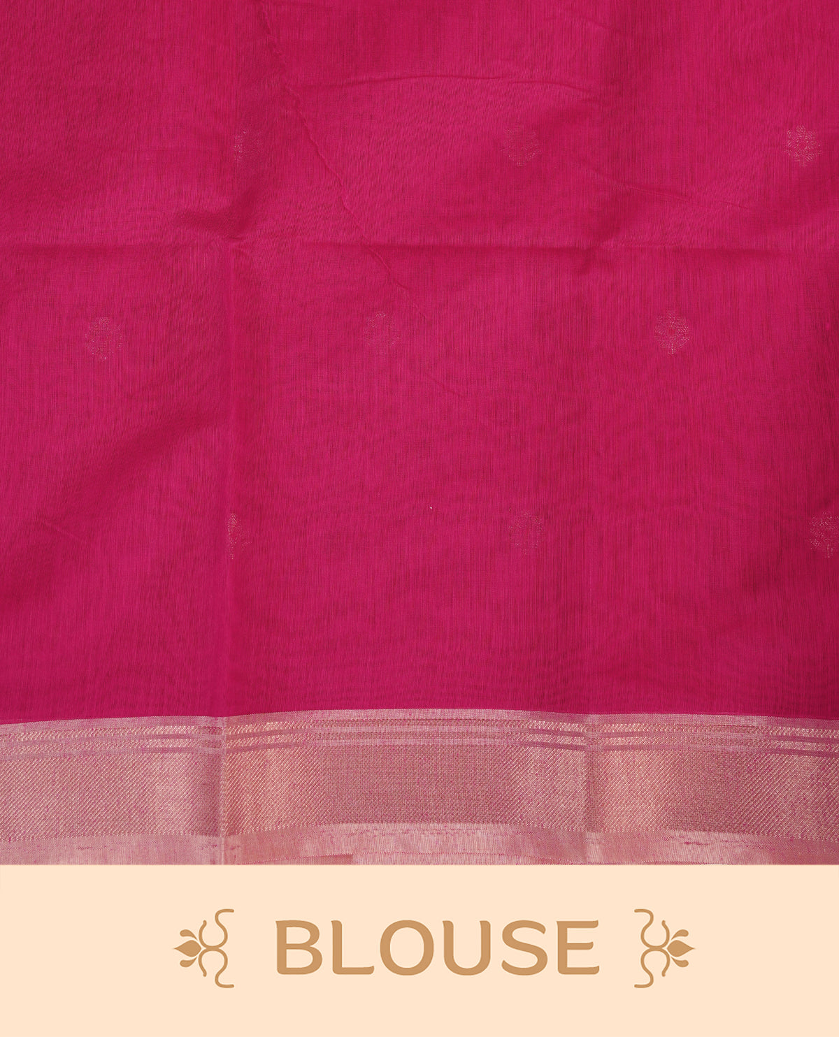 Rani pink colour Maheshwari cotton saree, gold zari floral motifs on body, complement light pink colour gold zari border comes with matching blouse.