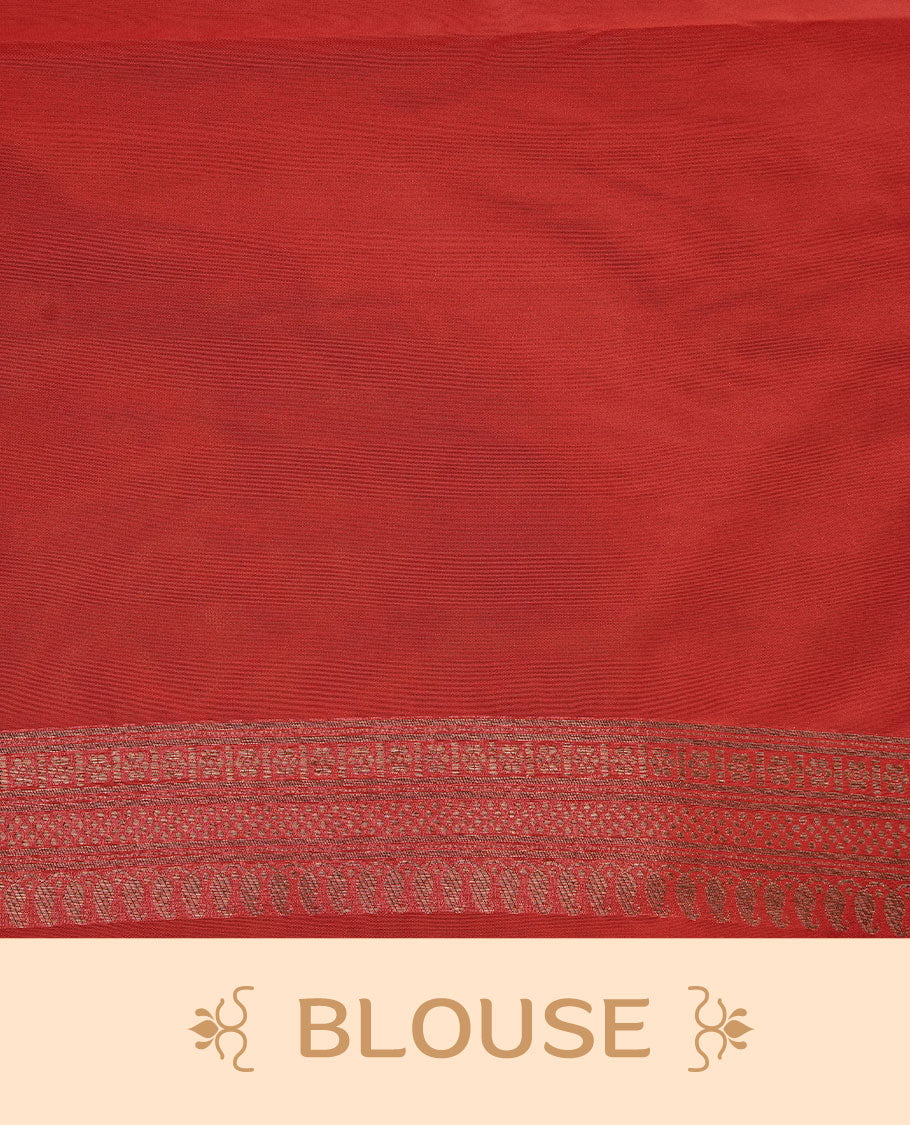 Red colour semi banaras katan saree featuring Gold zari Pattern across body, complemented by self colour with zari border, paired with matching blouse piece.