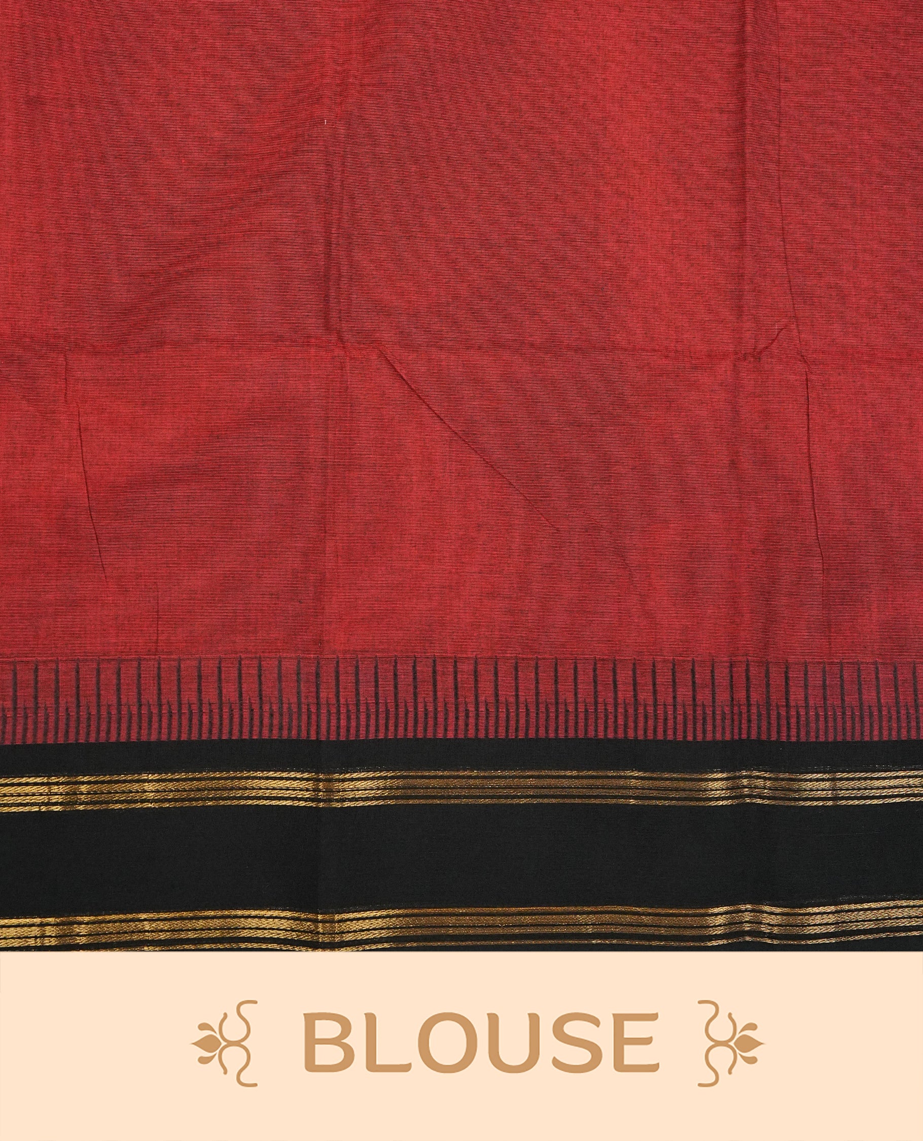 Maroon Colour Chettinad Cotton Saree Featuring Plain Body, Complemented by Black With Gold Zari Border & Contrast Colour Striped Pallu, Paired with a Matching Blouse Piece.