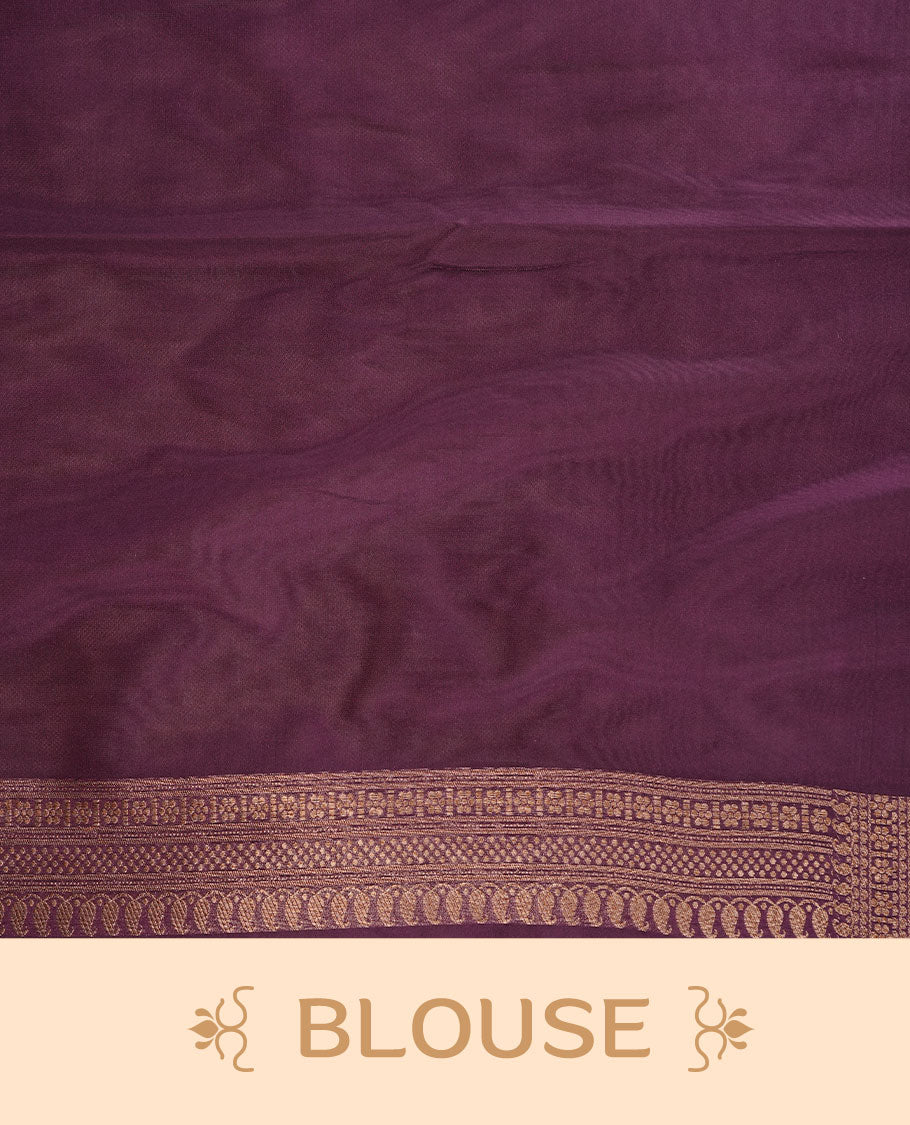Purple colour semi banaras katan saree featuring Gold zari Pattern across body, complemented by self colour with zari border, paired with matching blouse piece.