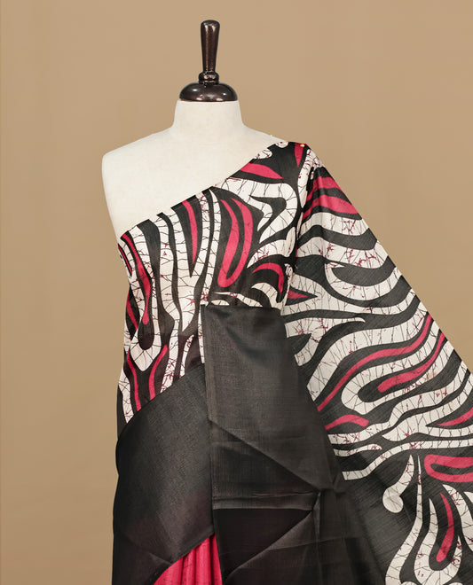 Red With Black Colour Khadi silk saree Featuring Abstract Print Patterned & Curved Wave Like Line Detailed Body, Paired with matching blouse piece.