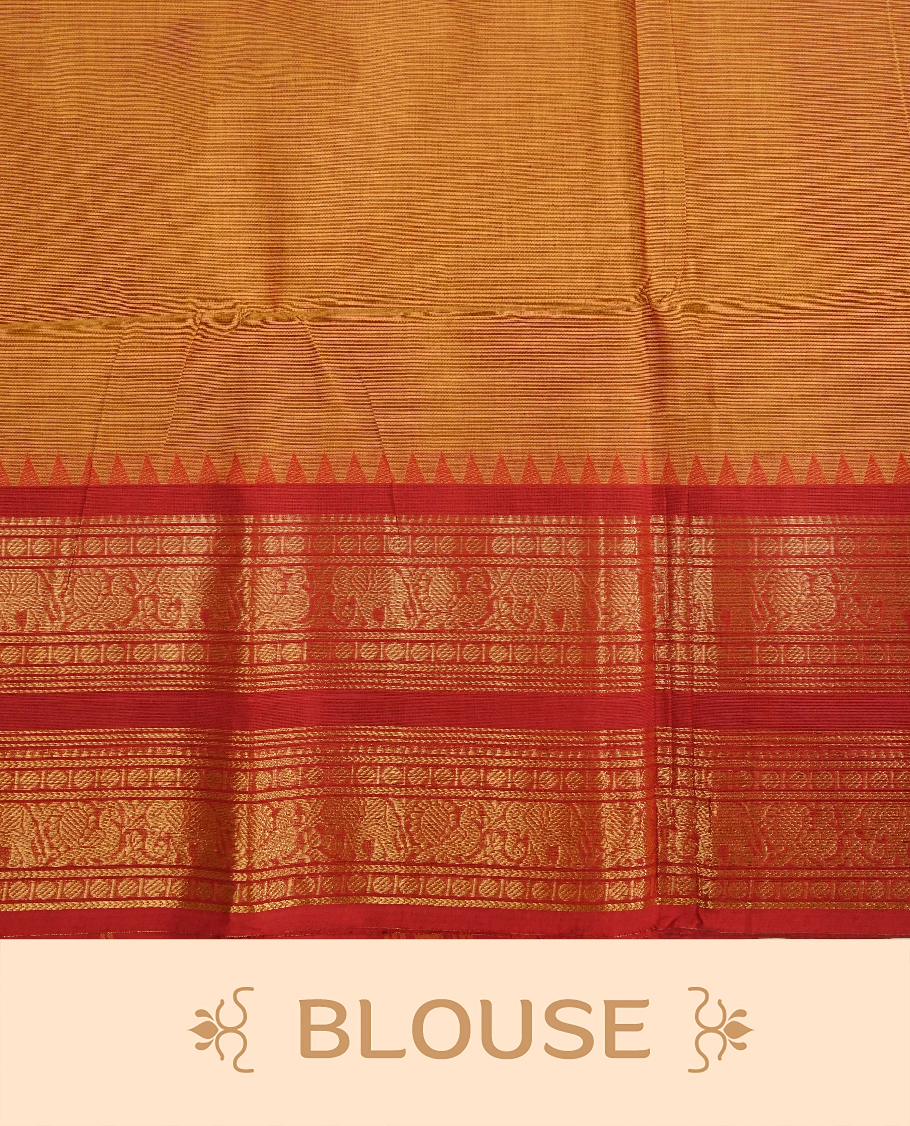 Mustard Yellow Colour Chettinad Cotton Saree Featuring a Plain Body, Complemented by a Red Colour with Grand Gold Zari Border and a Contrast Striped Pallu, Paired with a Matching Blouse Piece.