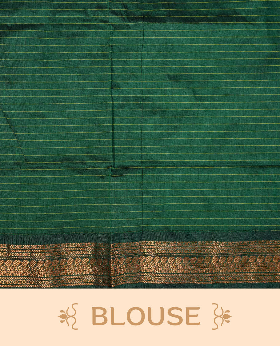 Lavender colour kalyani cotton saree featuring gold zari check pattern on body, complemented by green colour with Antique zari border, paired with matching blouse piece.