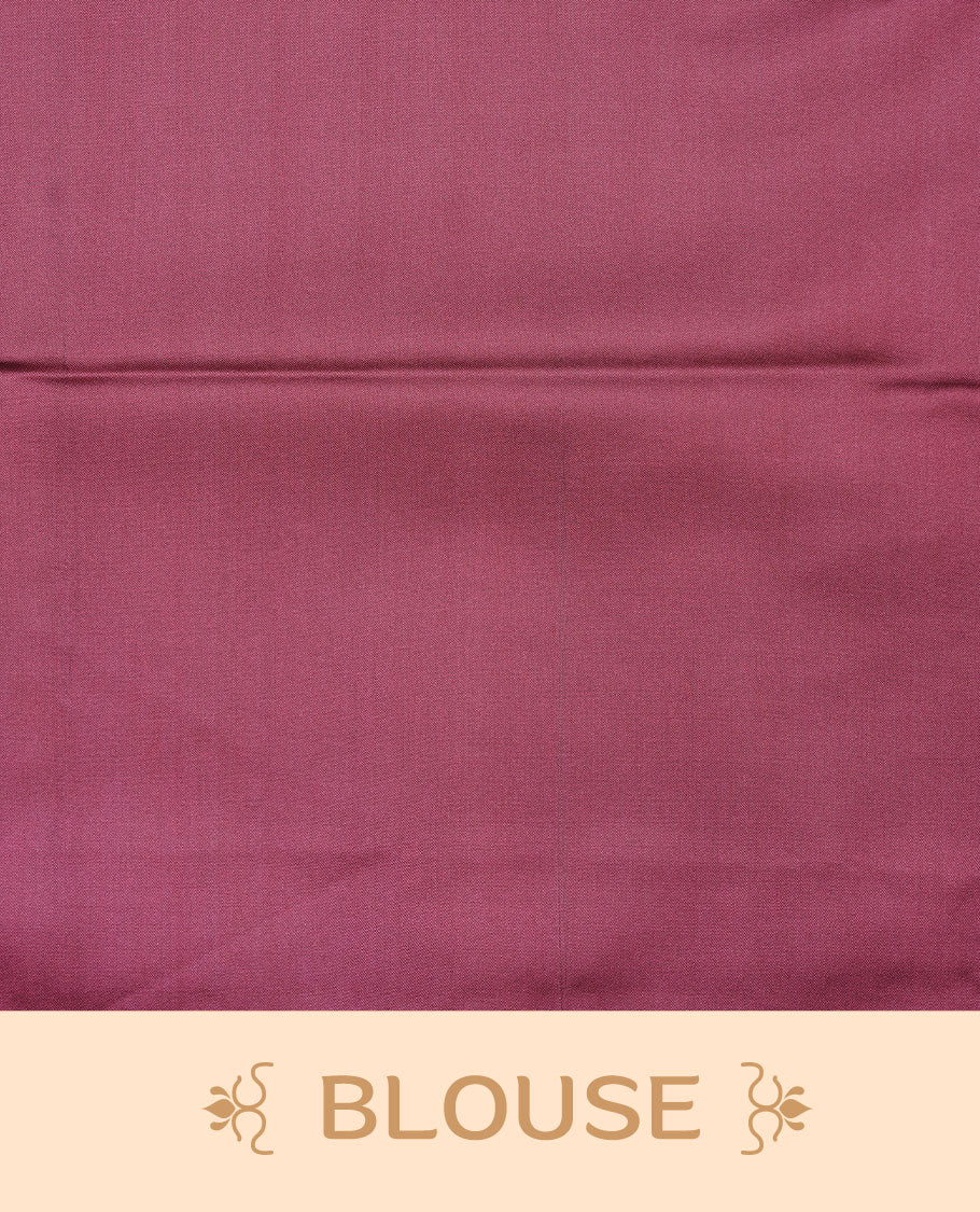 Mustard colour soft silk saree features a sleek borderless design with intricate antique zari motifs, flowing into a striking contrast Magenta pallu and a matching blouse piece.