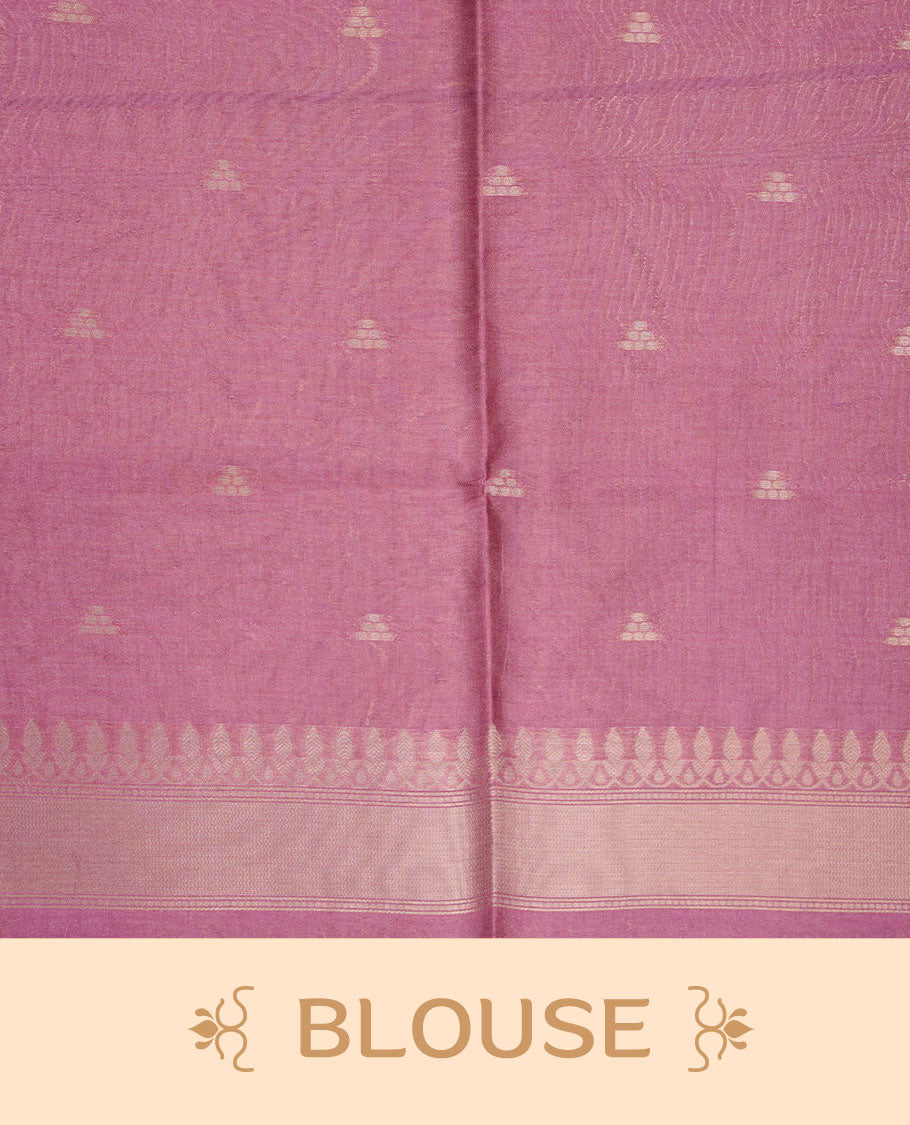 Pink colour semi tussar silk saree, featuring an intricate gold zari floral kodi pattern on the body and pallu, comes with matching blouse.