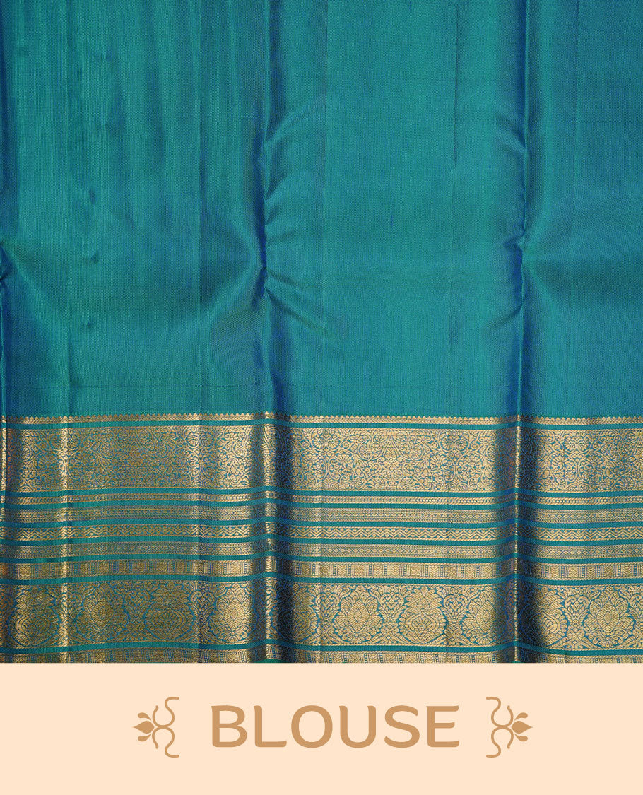 Peacock colour kancheepuram silk saree featuring gold zari pattern across body, complemented by selfcolour border traditional zari border, paired with matching blouse piece.