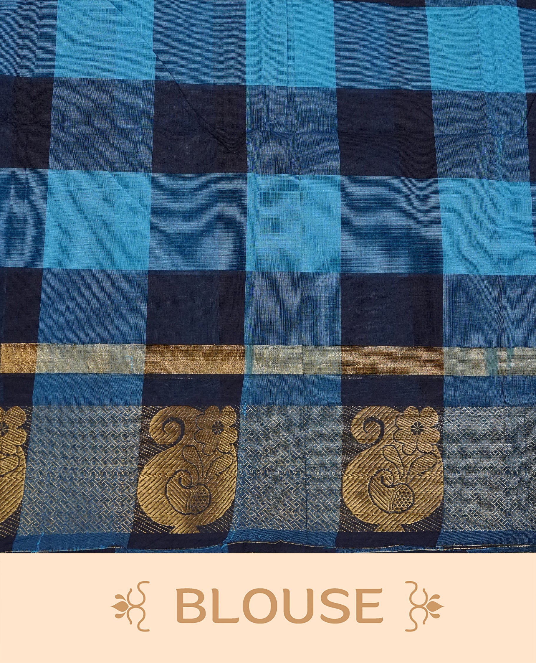 Navy blue & Blue colour chettinad cotton saree featuring check pattern on body, complemented by Self Colour with gold zari border, comes with matching blouse piece.