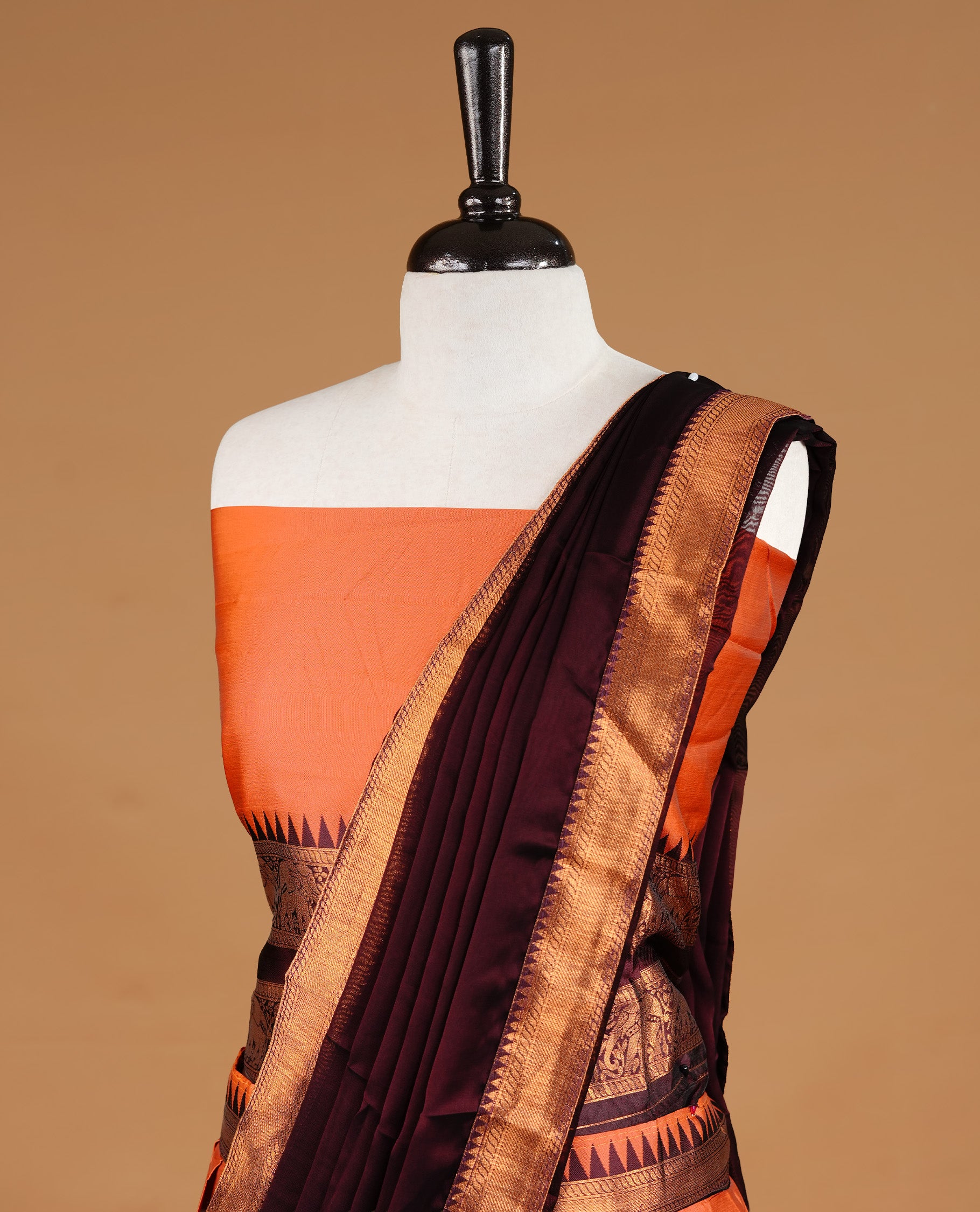 Rust orange colour semi stitched Half saree featuring contrast Maroon colour with gold zari traditional border skirt, paired with matching zari border dupatta, unstitched blouse piece