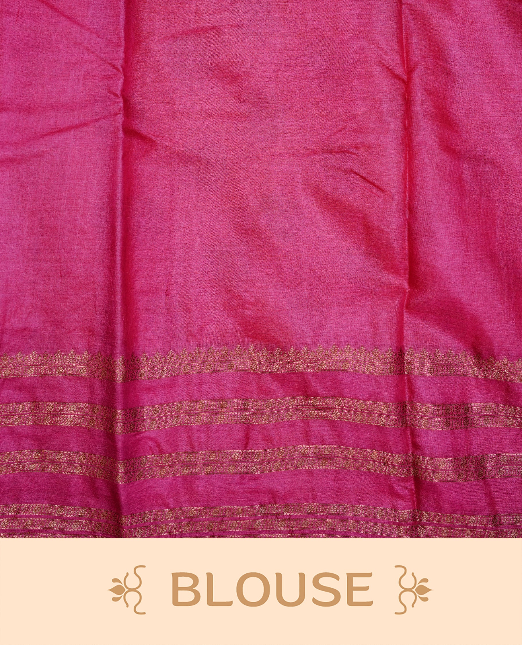 Rust orange colour pure tussar Banaras silk saree featuring elegant gold zari motifs across the body, complemented by a contrast magenta border with rich zari detailing. Comes with a matching blouse piece